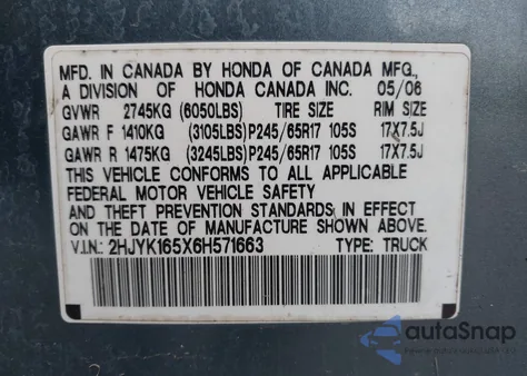 2006 Honda Ridgeline Rtl z USA, uszkodzony, nr VIN 2HJYK165X6H571663
